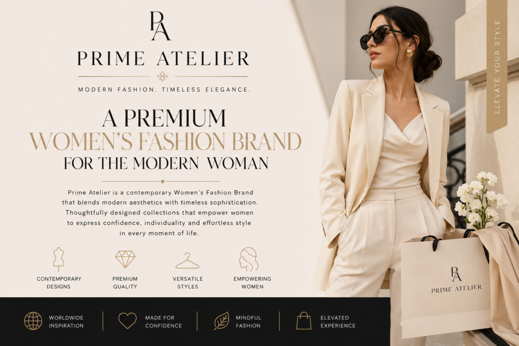 Elegant promotional banner for Prime Atelier, a premium women’s fashion brand, featuring a sophisticated woman in a cream monochrome outfit with luxury branding, modern typography, and minimalist beige aesthetics